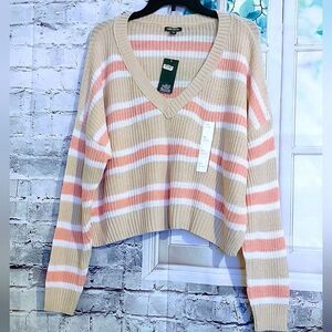 STRIPED TAN, PINK AND WHITE TIGHT KNIT CROPPED SWEATER LADIES SIZE XXL